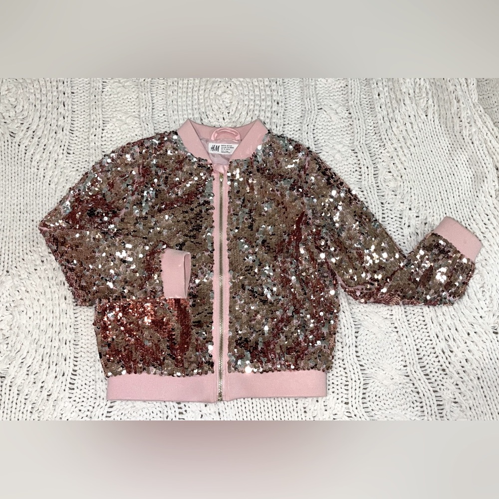H&M Sequin pink/silver girl jacket, 5-6 Y, gently used.